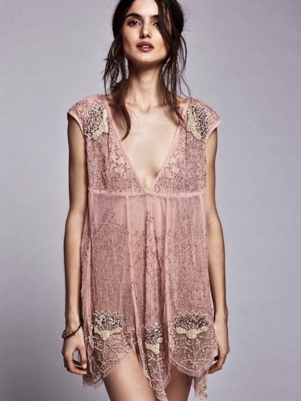 Free People Blush Pink Embroidered Sheer Tunic size L